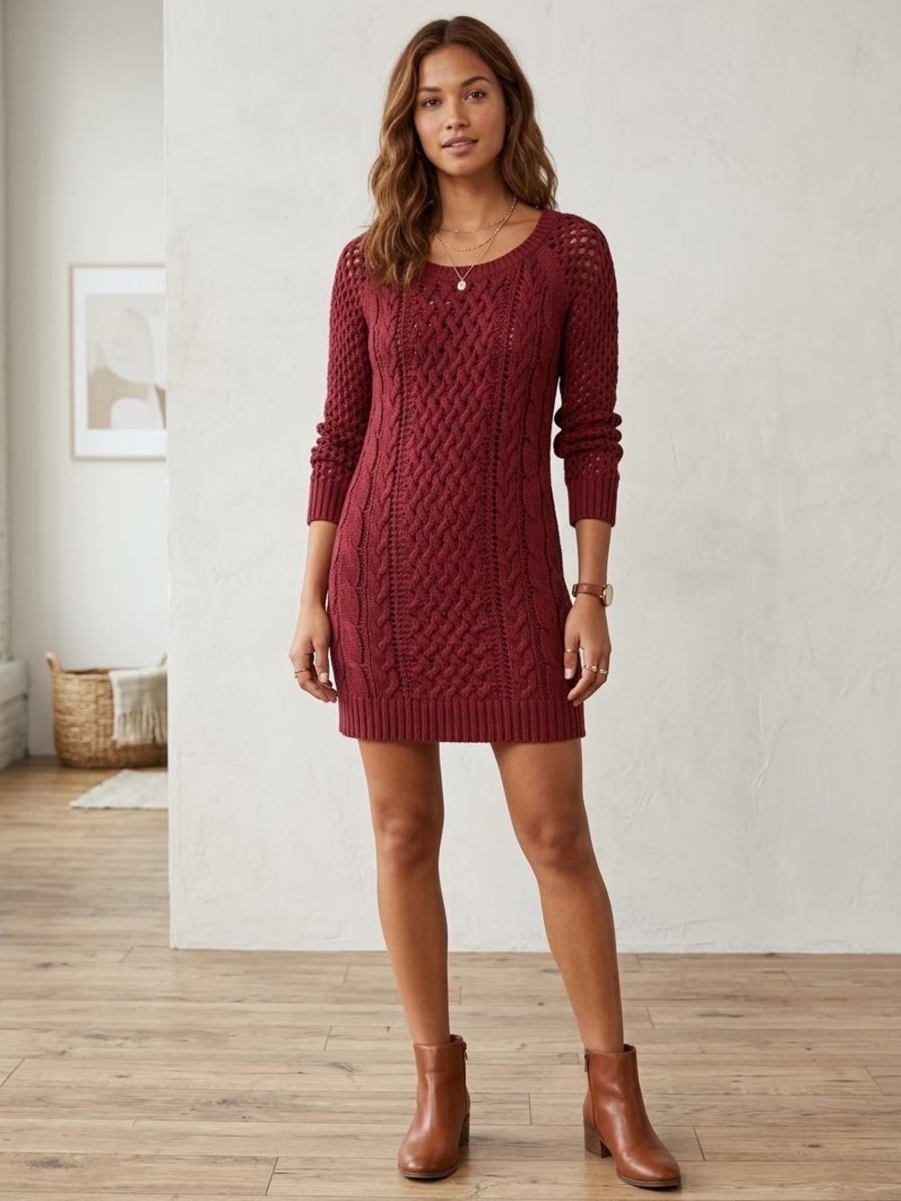 American Eagle Outfitters Cable Knit Mini Dress - Burgundy